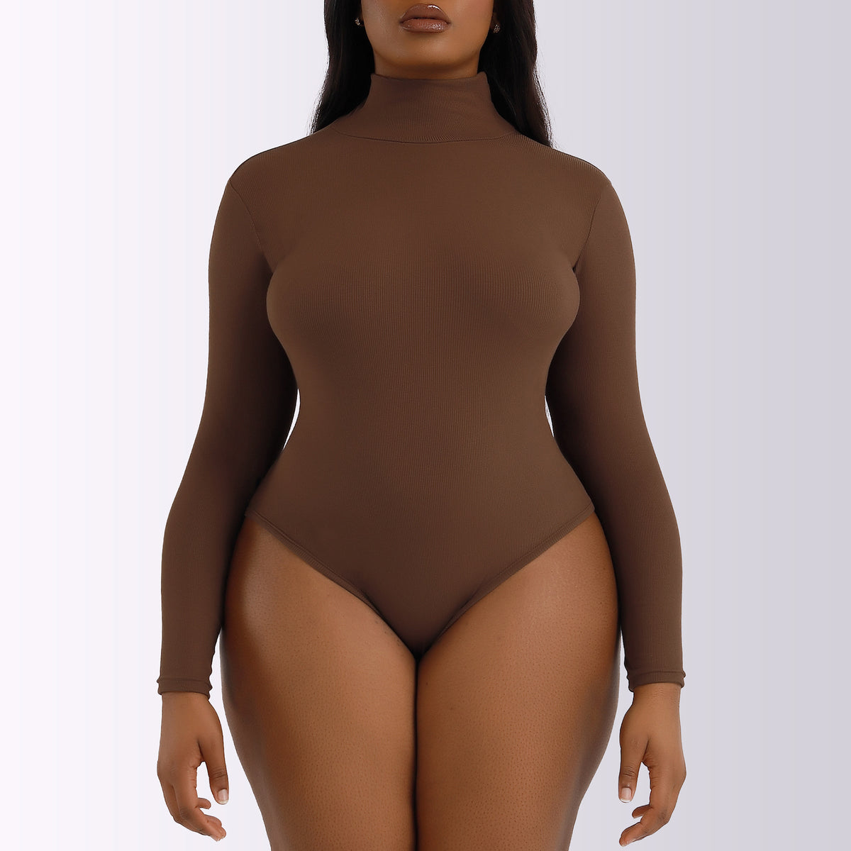 Contour High-Neck Long-Sleeve Bodysuit in Brown