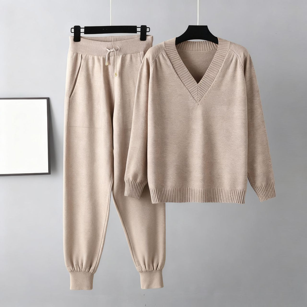 V-neck sweater and jogger knit set in khaki