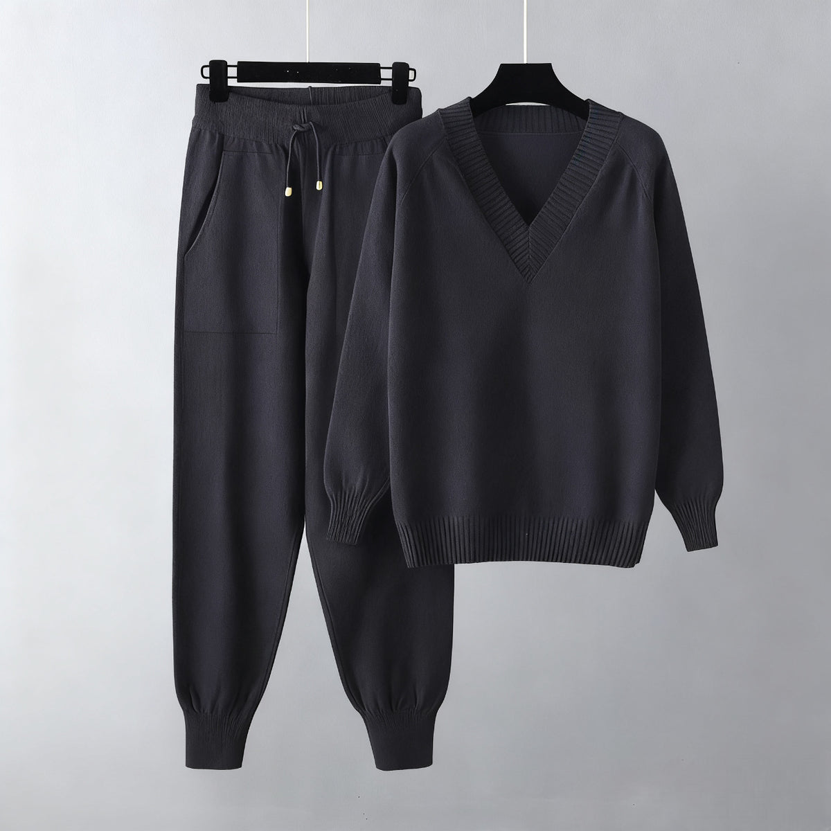 V-neck sweater and jogger knit set in black