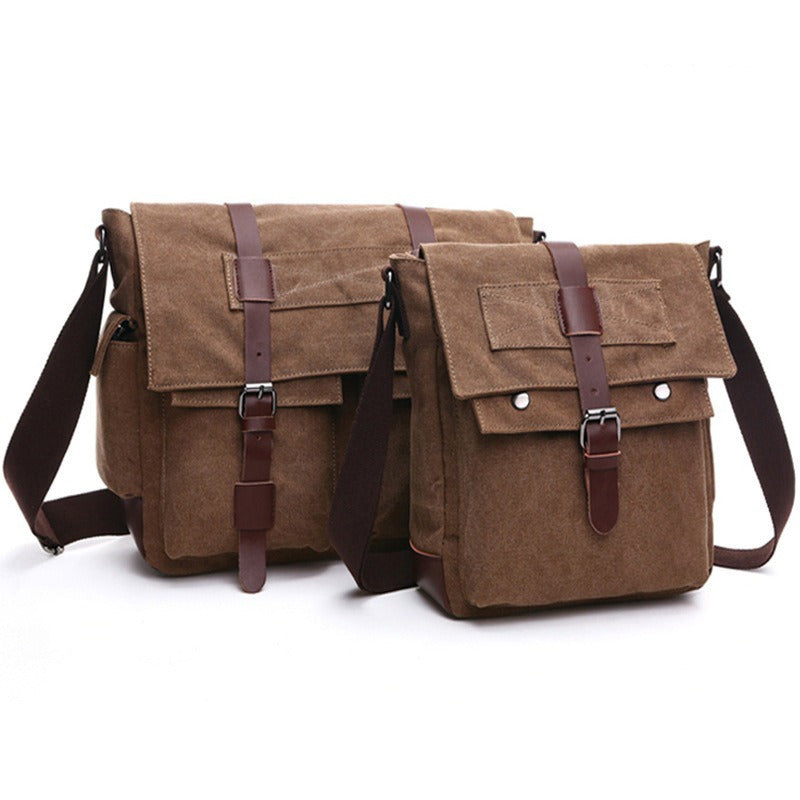 Canvas messenger bag in brown, front and side views