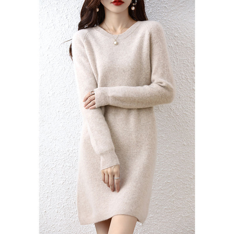 Nova Ribbed-Trim Knit Midi Dress in Light Camel