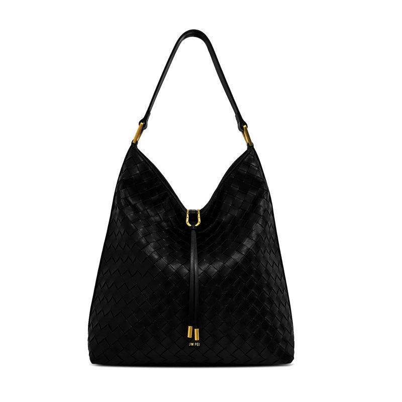 Slouchy hobo shoulder bag in black woven finish