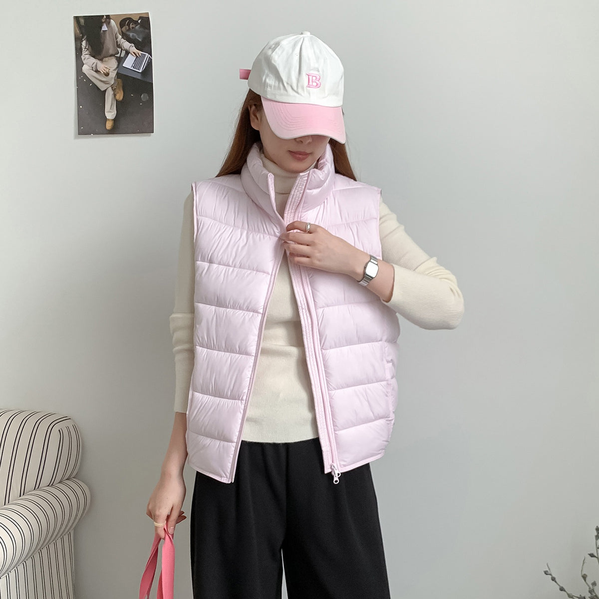 Cove Stand-Collar Puffer Vest in Pink
