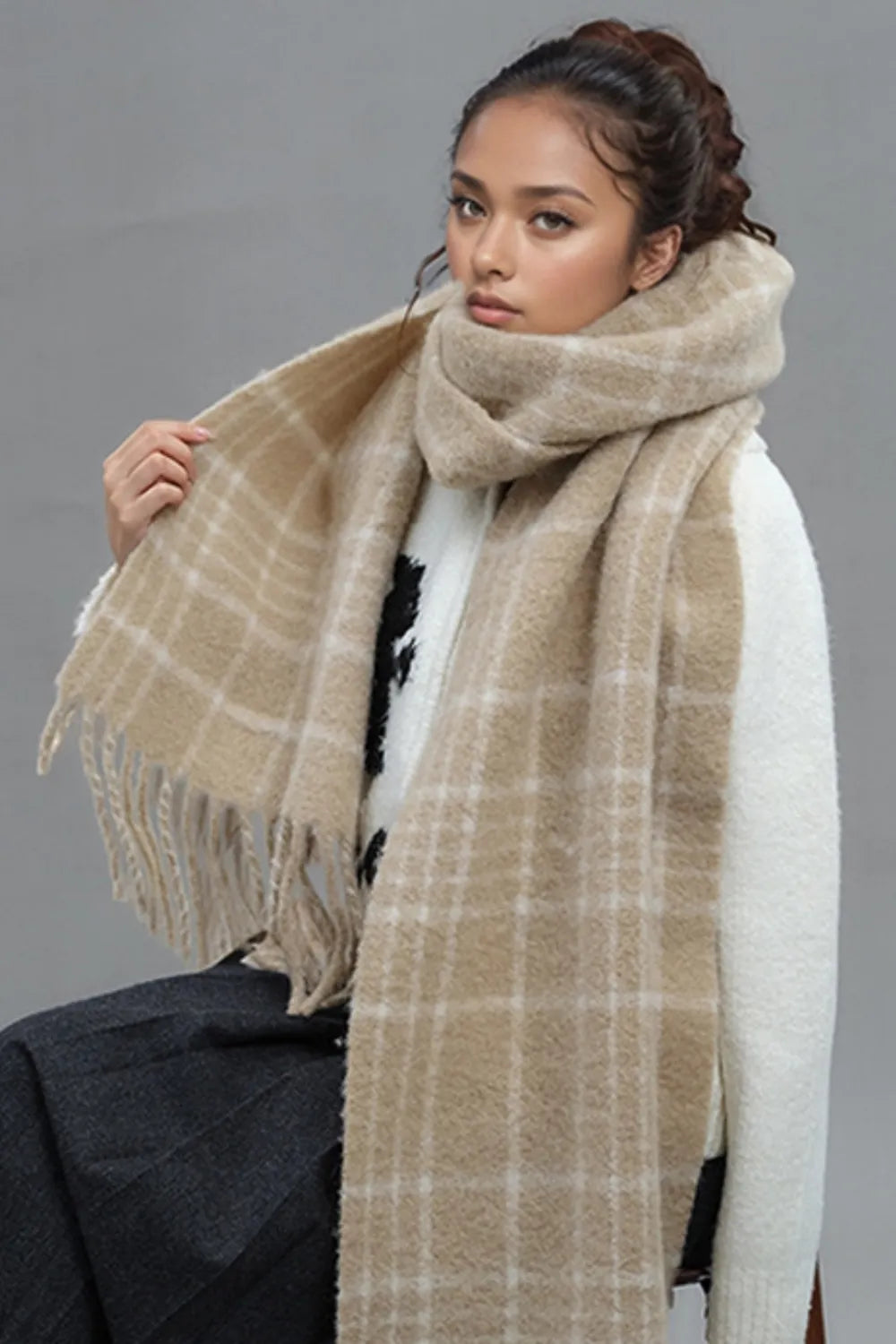 Ember Wool Plaid Fringe Scarf in Tan