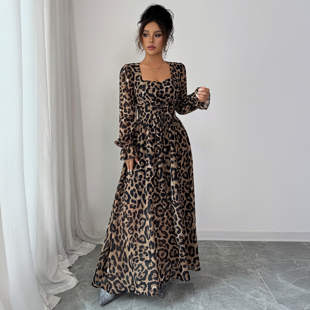 Nova Long-Sleeve Leopard Printed Maxi Dress