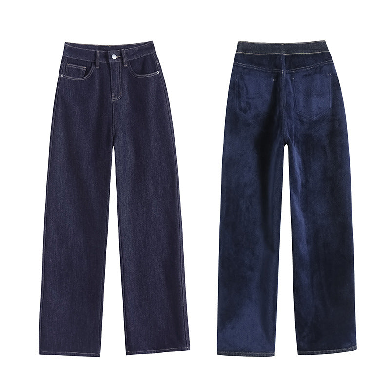 Indigo Fleece-Lined Thick Straight Jeans