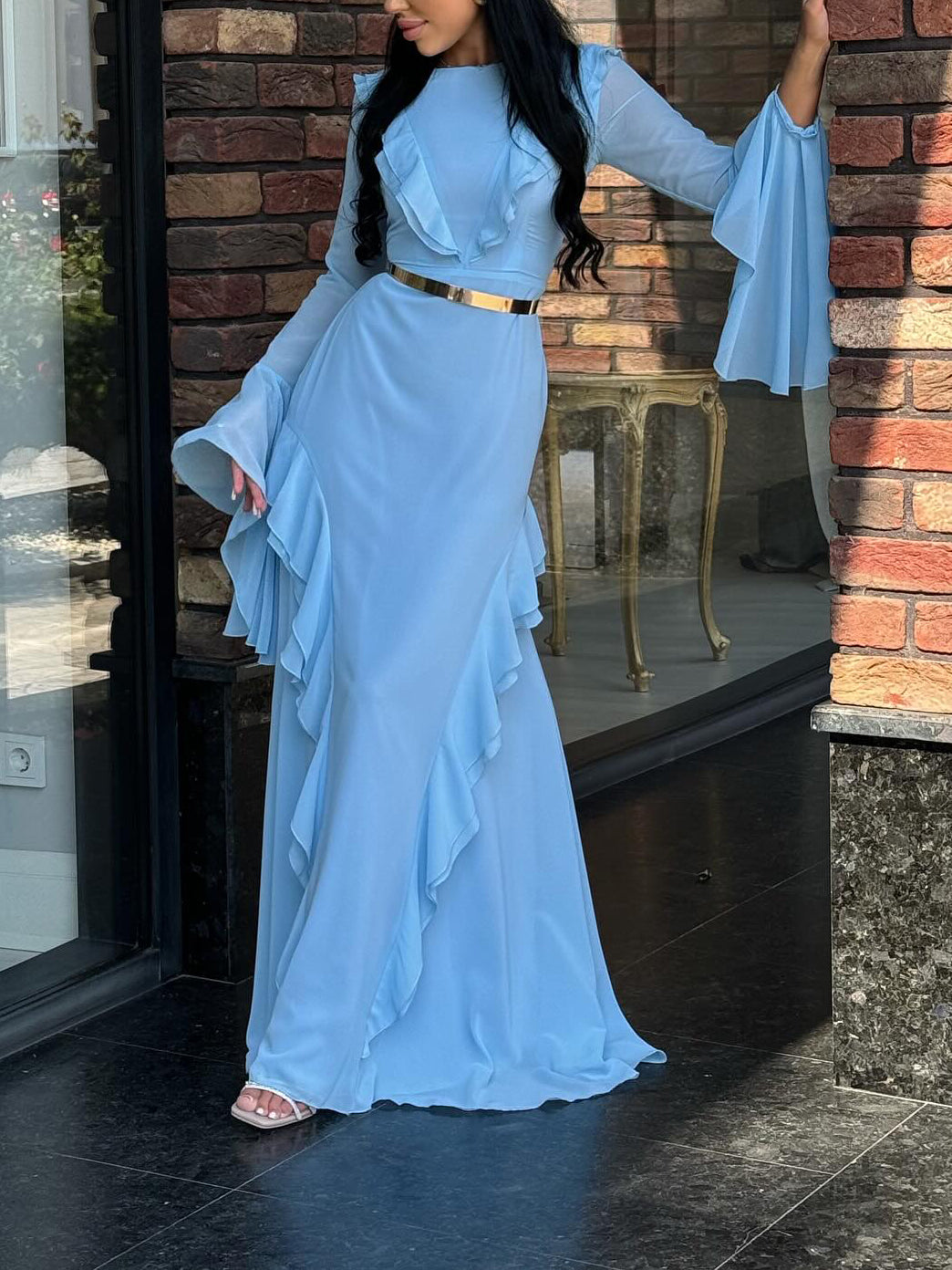 Nova Long-Sleeve Round Maxi Dress