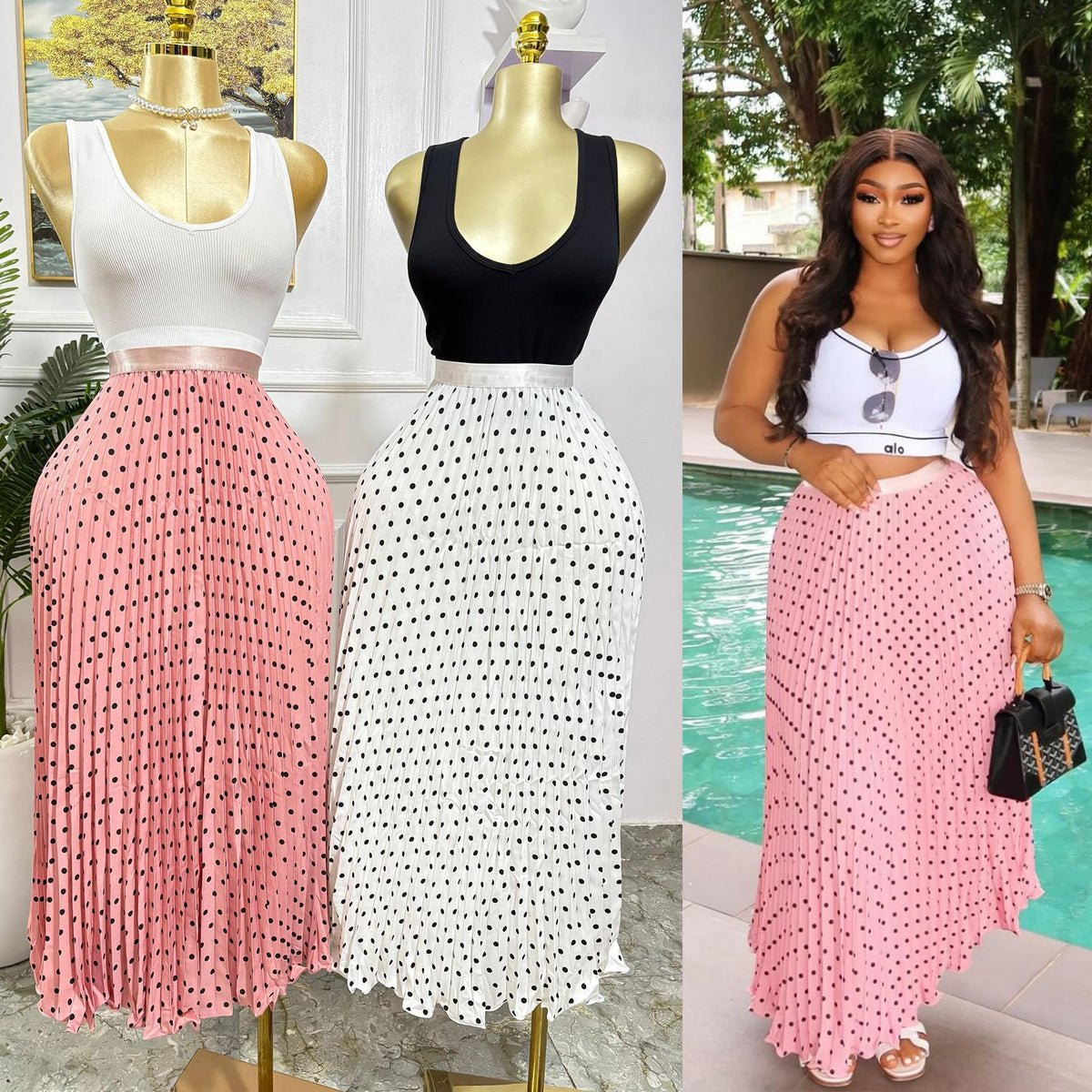 Sway Pleated Polka-Dot Skirt