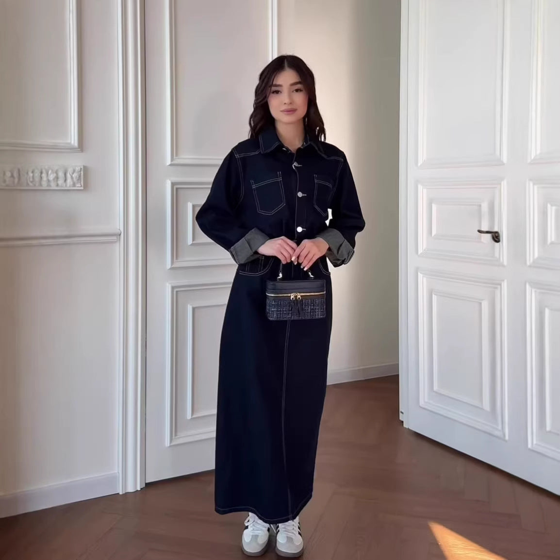 Nova Denim Long-Sleeve Retro Maxi Dress