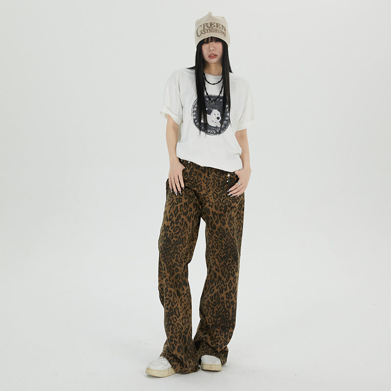 Indigo Relaxed Wide-Leg Leopard Jeans