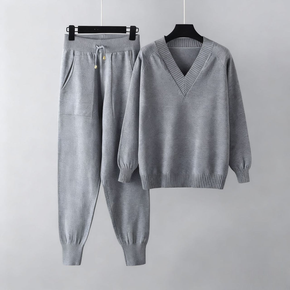V-neck sweater and jogger knit set in gray