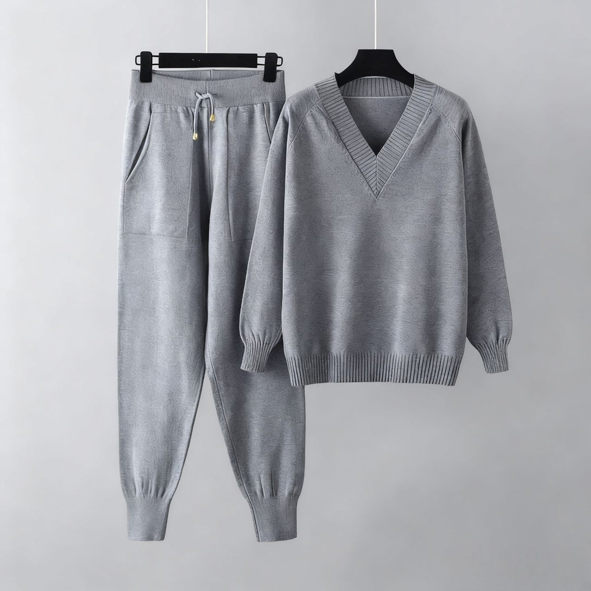V-neck sweater and jogger knit set in gray