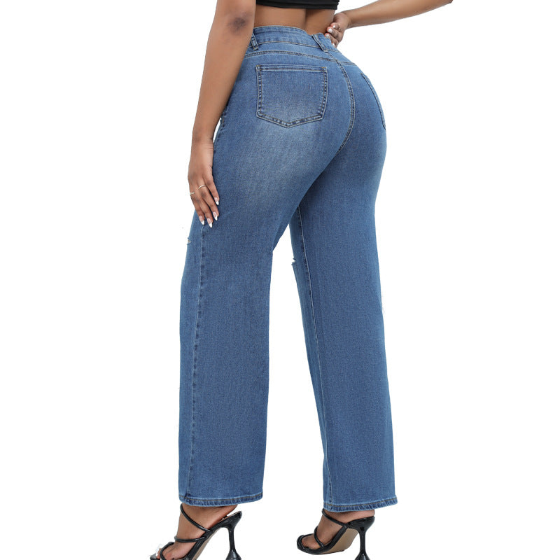 Indigo Ripped Wide-Leg Jeans