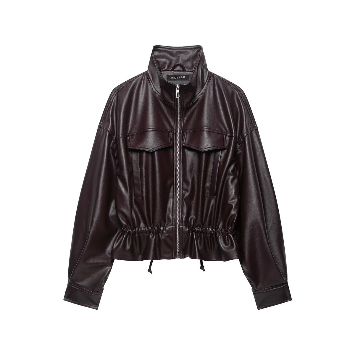 Halo Stand-Collar Cinch-Waist Jacket in Wine Red
