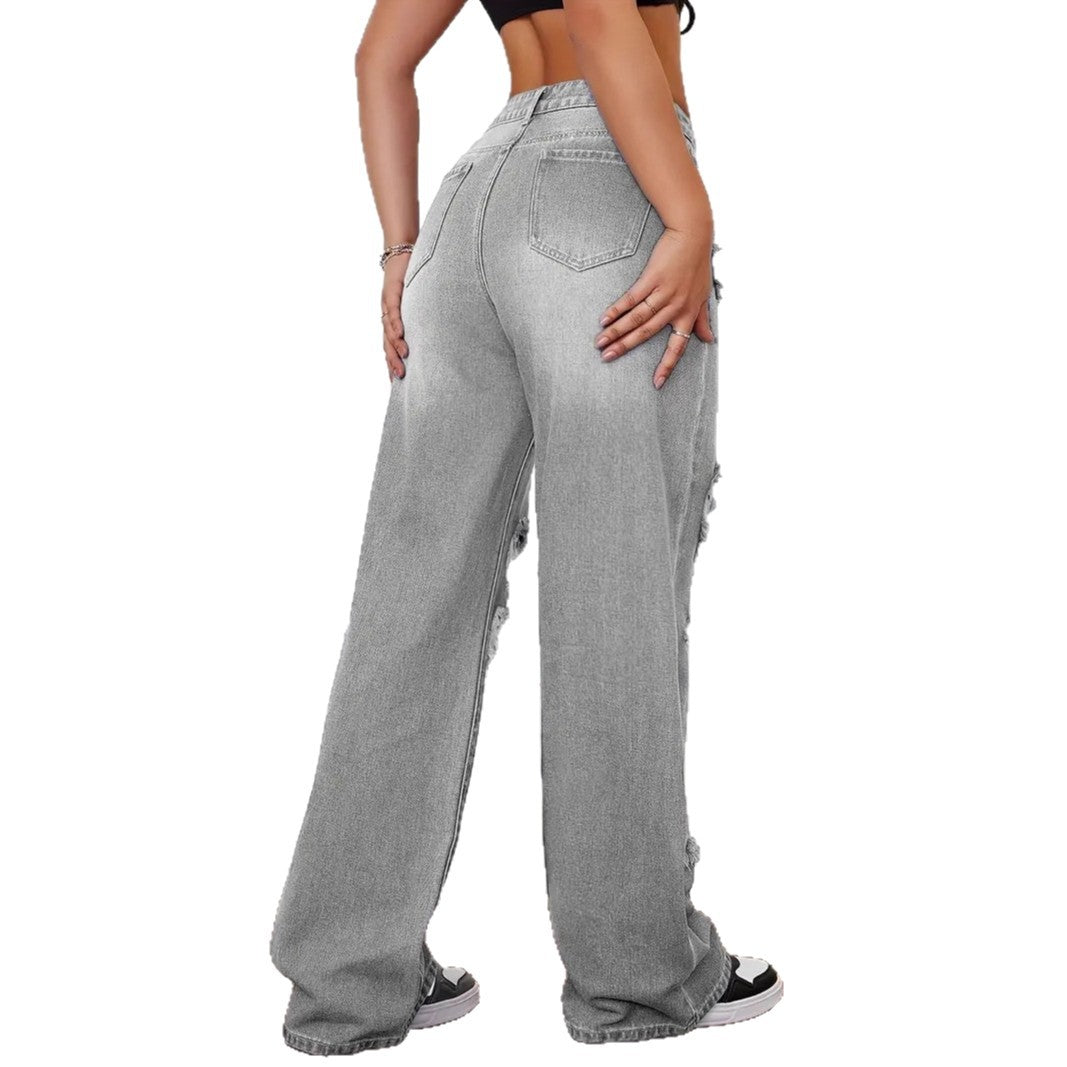 Indigo Ripped Washed Straight Jeans