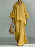Sera Wide-Leg V-Neck Ruffled Tracksuit