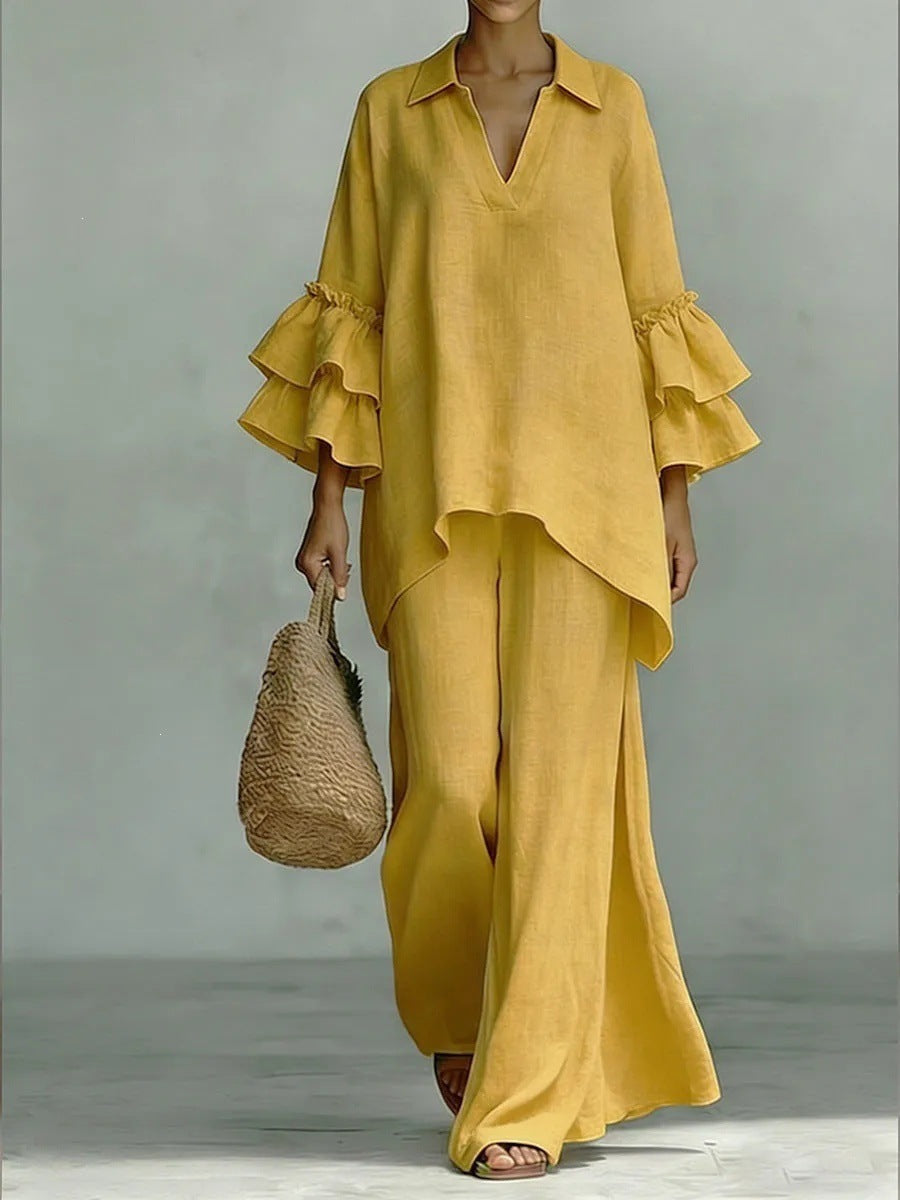 Sera Wide-Leg V-Neck Ruffled Tracksuit