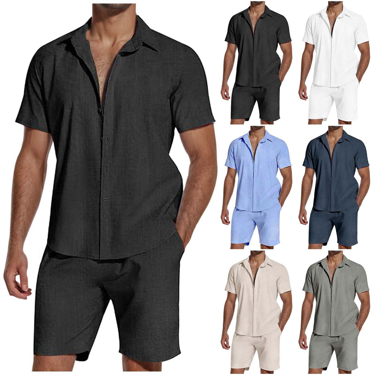 Metro Men's Short-Sleeve Lapel Linen Shirt