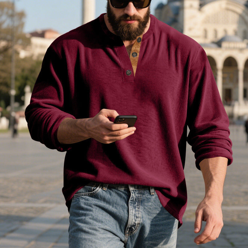 Metro Men's Corduroy Long-Sleeve Retro Henley Shirt