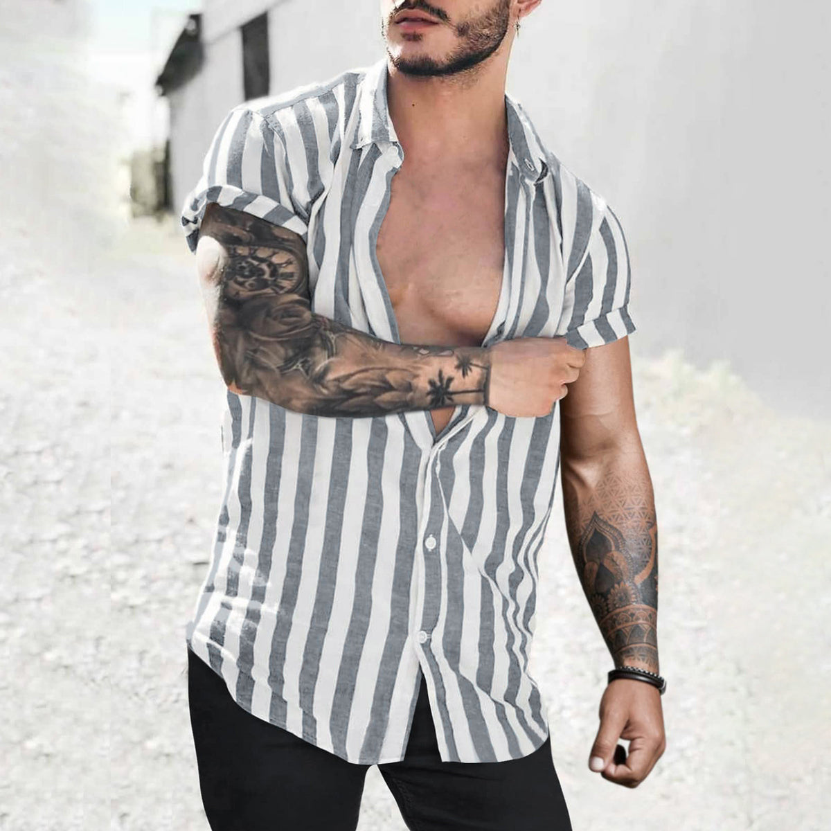 Metro Men's Linen Lapel Striped Cardigan