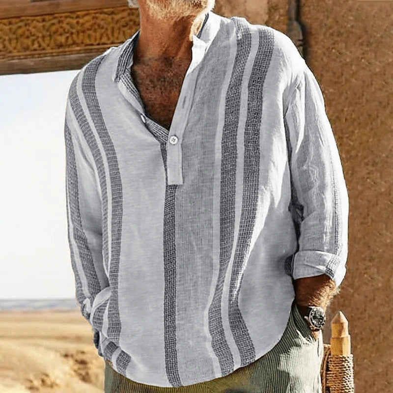 Metro Men's Linen Stand-Collar Striped Shirt