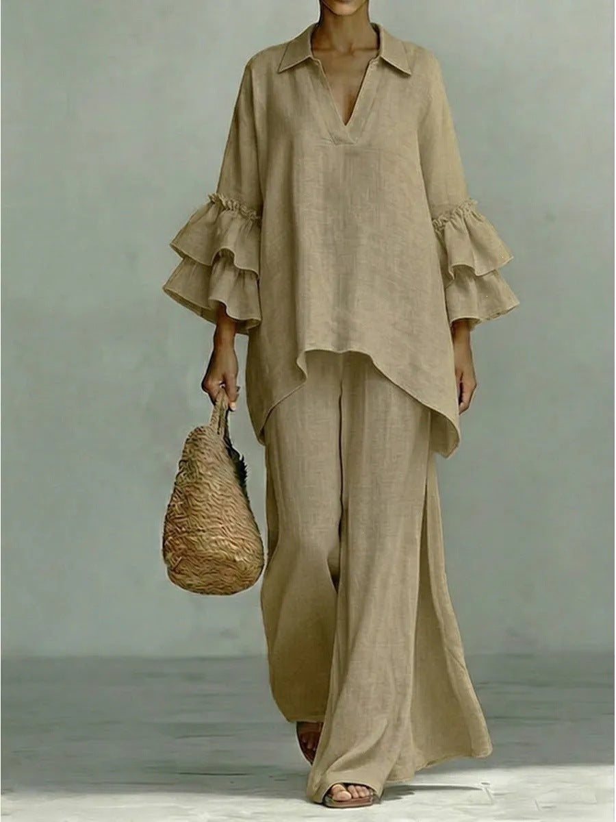Sera Wide-Leg V-Neck Ruffled Tracksuit