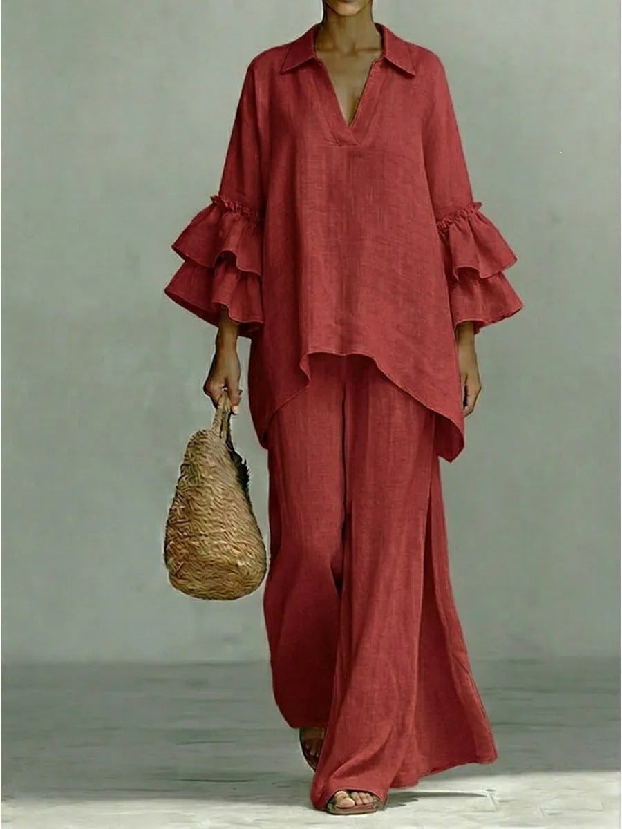 Sera Wide-Leg V-Neck Ruffled Tracksuit