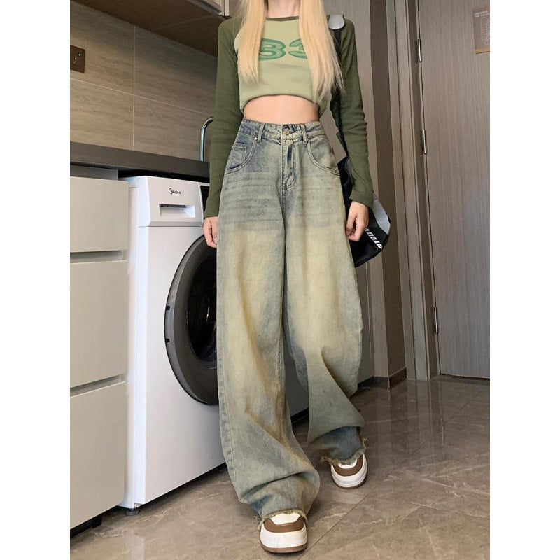 Indigo Distressed Retro Wide-Leg Jeans