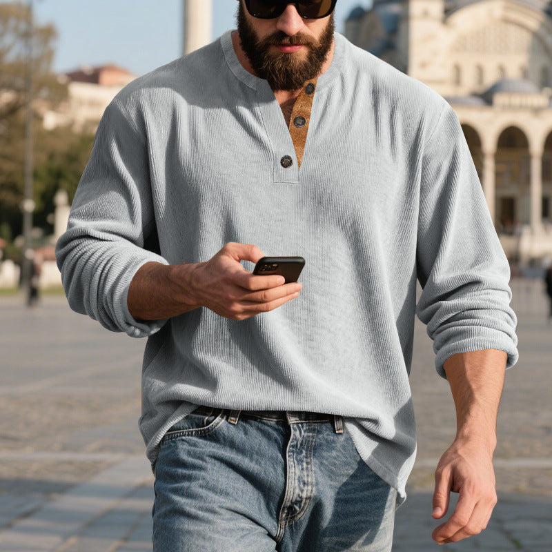 Metro Men's Corduroy Long-Sleeve Retro Henley Shirt