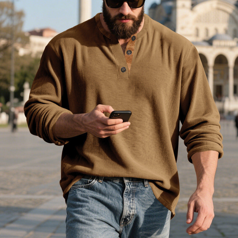 Metro Men's Corduroy Long-Sleeve Retro Henley Shirt