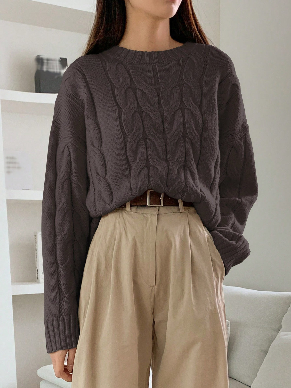 Hearth Chunky Cable-Knit Sweater in Coffee Brown
