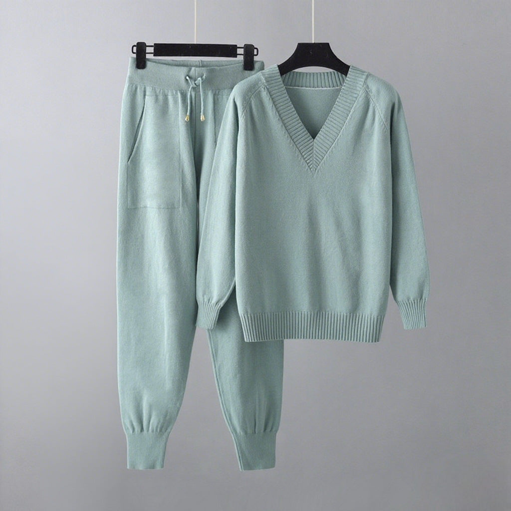 V-neck sweater and jogger knit set in light blue