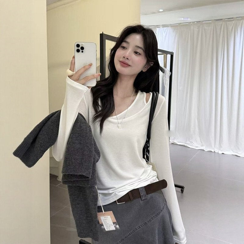 LayerLine Long-Sleeve Faux-Layered Top in White