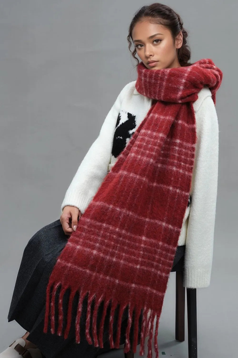 Ember Wool Plaid Fringe Scarf, view 2