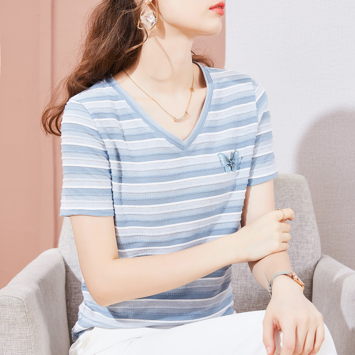 Aurelia Short-Sleeve Striped Embroidered T-Shirt