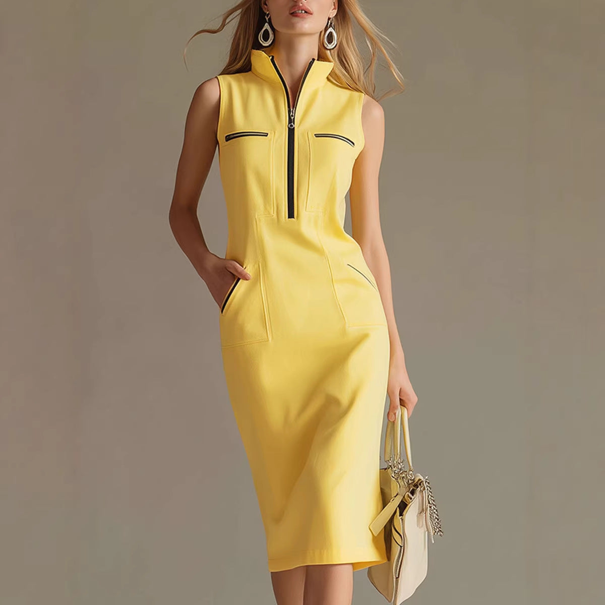 Nova Stand-Collar Contrast Midi Dress