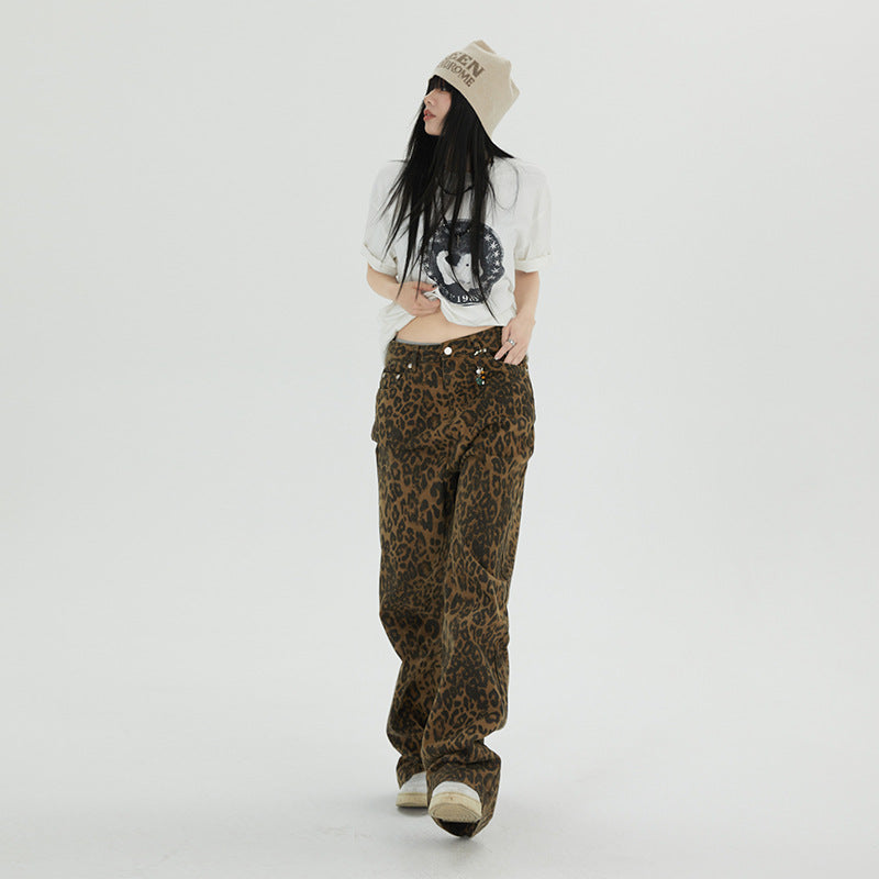 Indigo Relaxed Wide-Leg Leopard Jeans