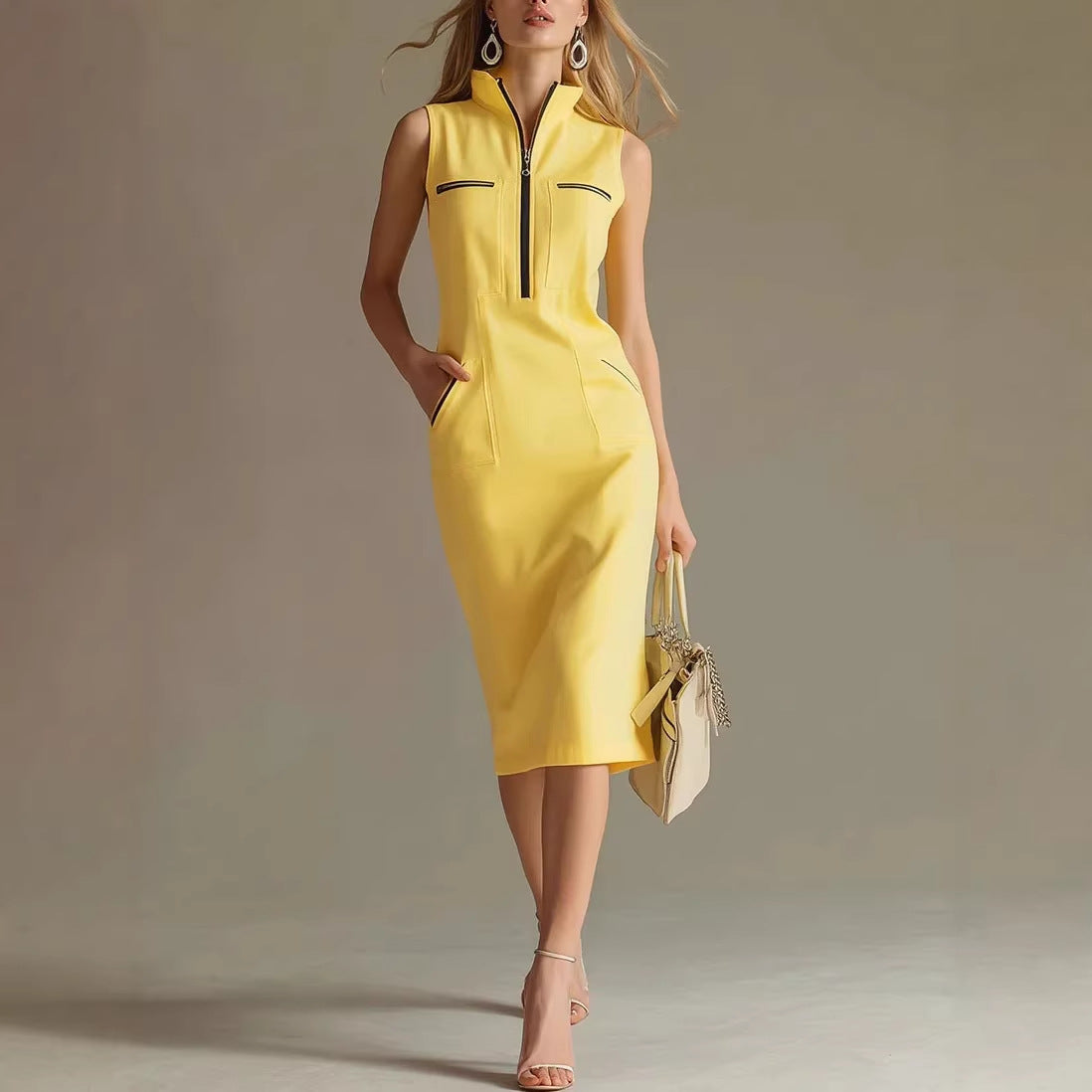 Nova Stand-Collar Contrast Midi Dress
