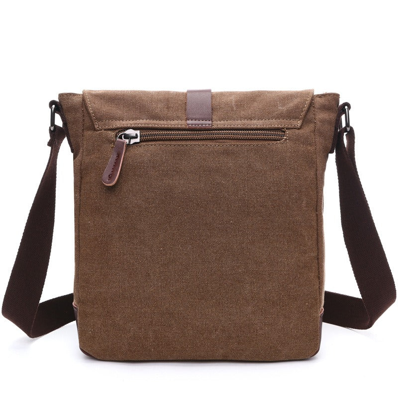 Back of the canvas messenger bag with zipped pocket