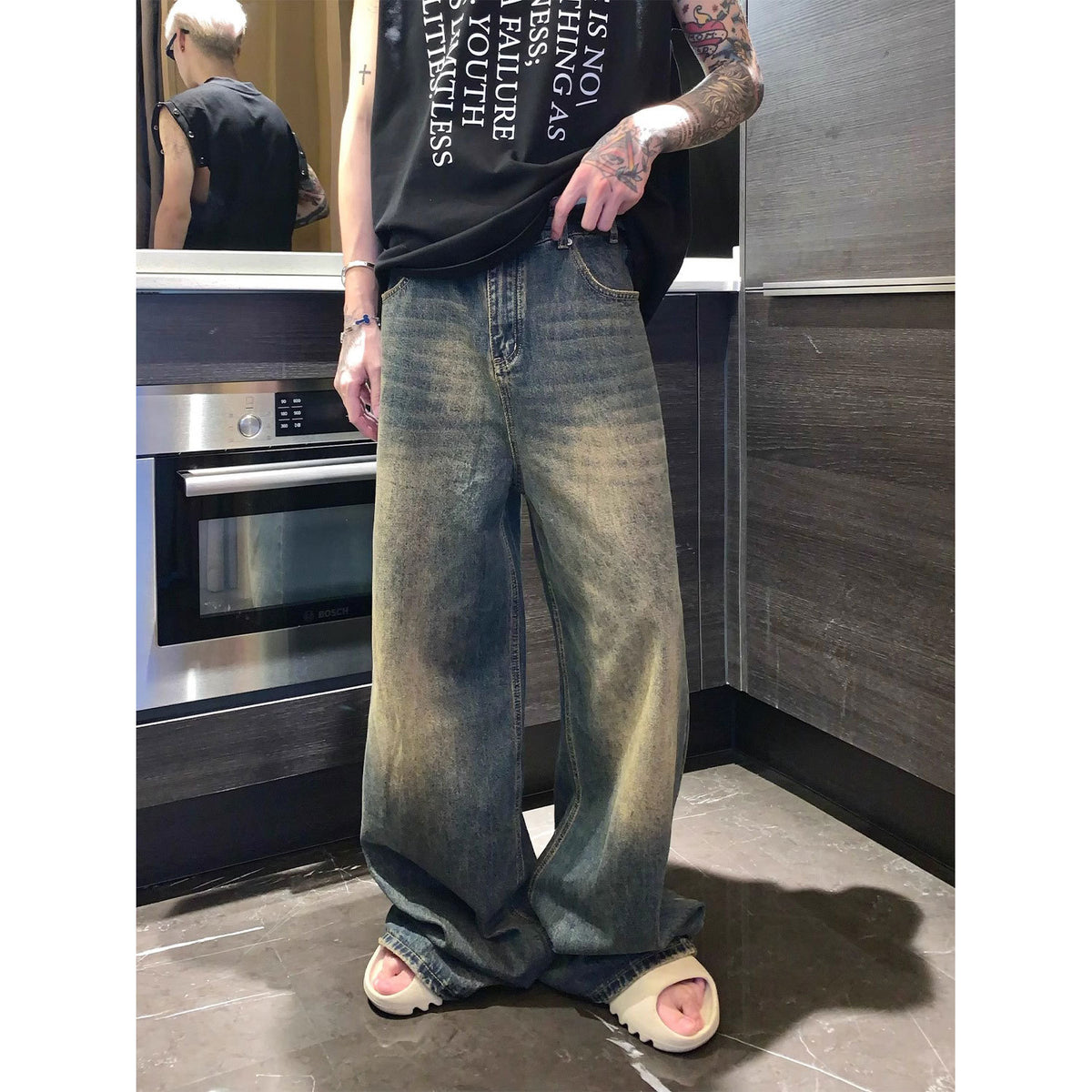 Indigo Men's Washed Retro Straight Jeans