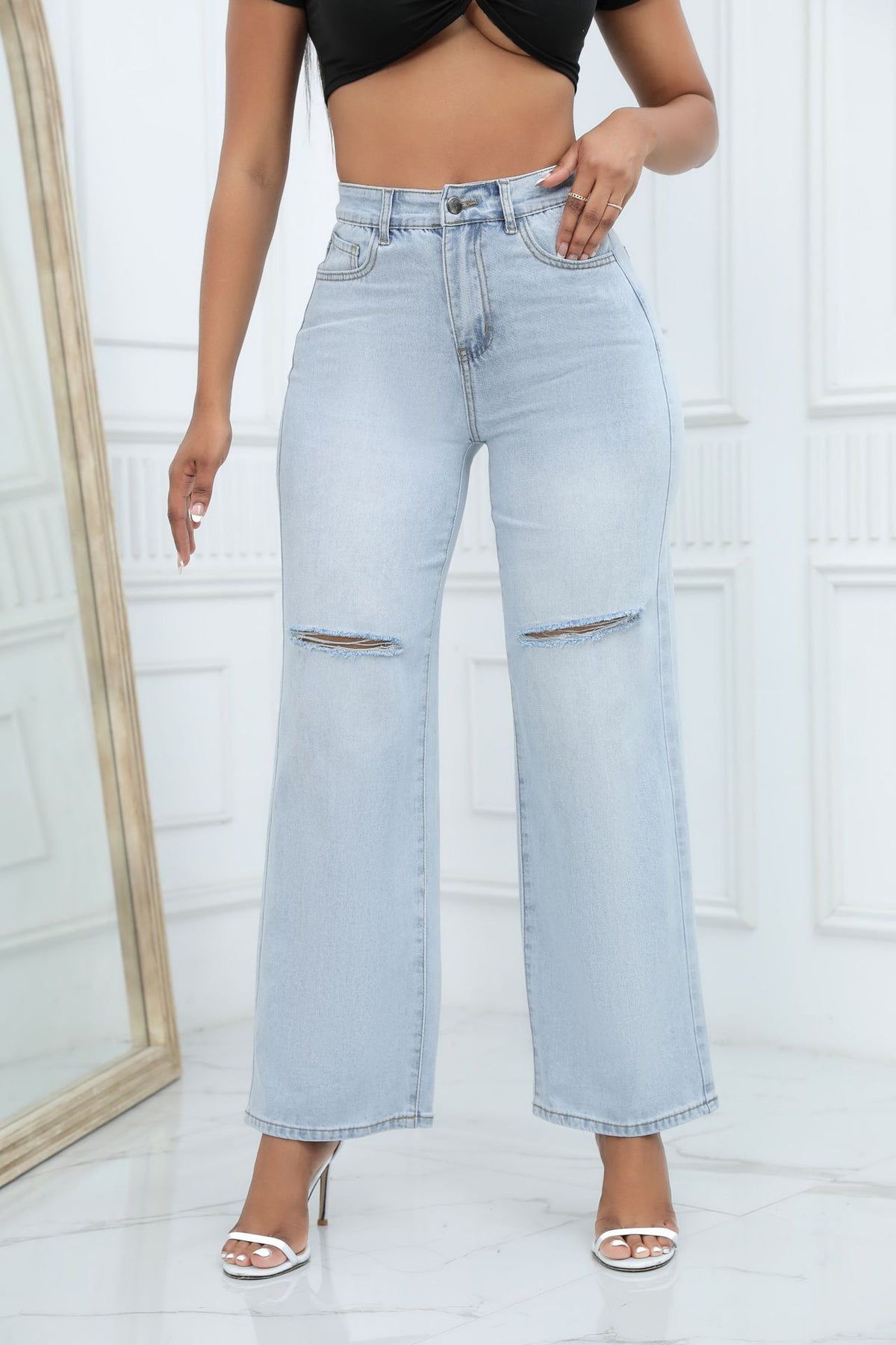 Indigo Ripped Wide-Leg Jeans