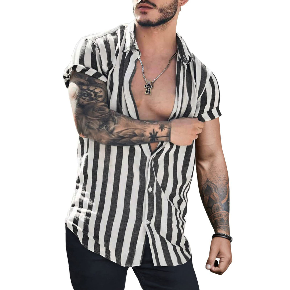 Metro Men's Linen Lapel Striped Cardigan