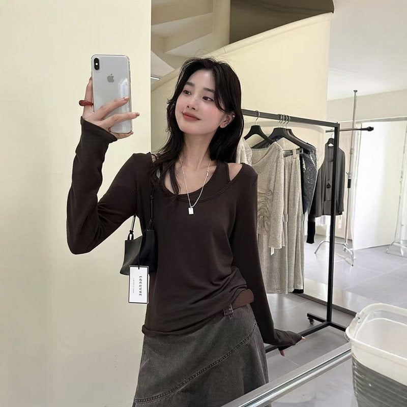 LayerLine Long-Sleeve Faux-Layered Top in Coffee