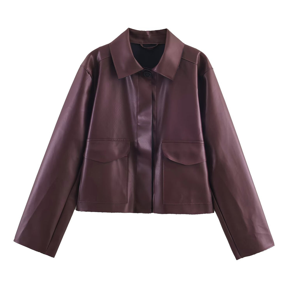 Halo Faux-Leather Short Jacket in Chestnut Brown