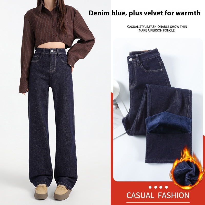 Indigo Fleece-Lined Thick Straight Jeans