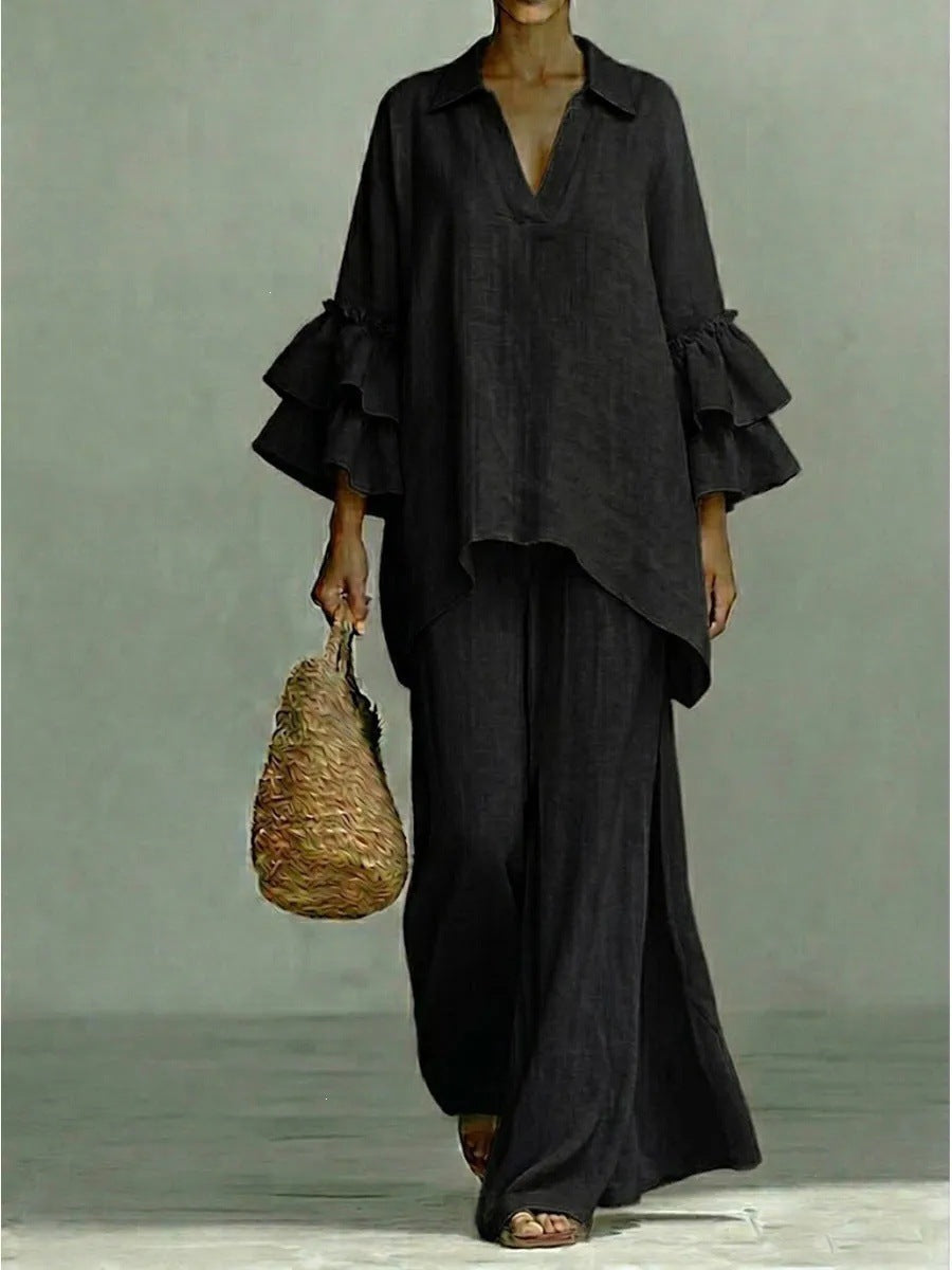 Sera Wide-Leg V-Neck Ruffled Tracksuit