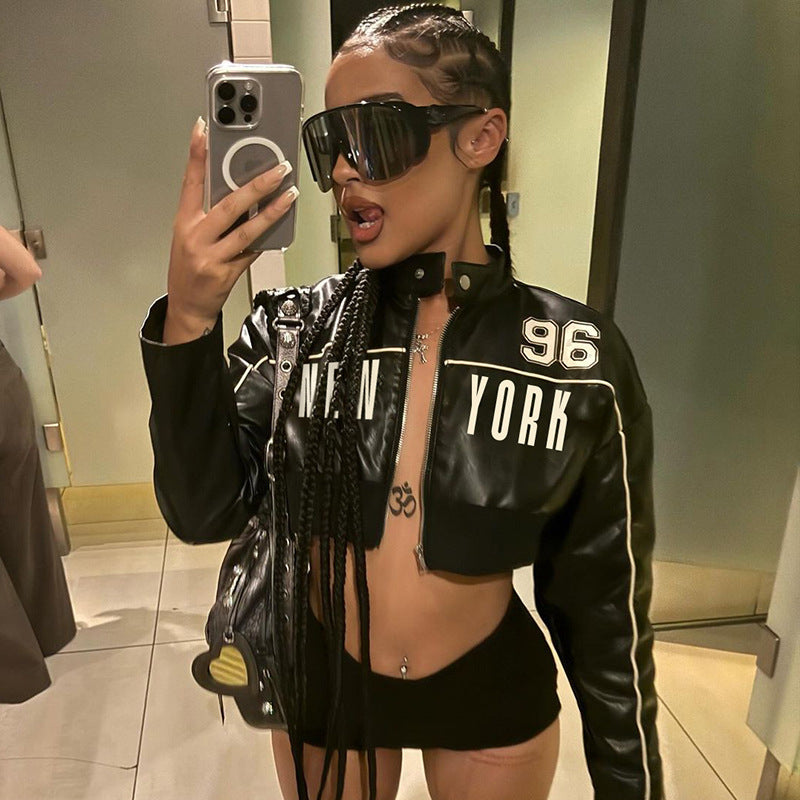 Halo Letter-Print Printed Leather Jacket