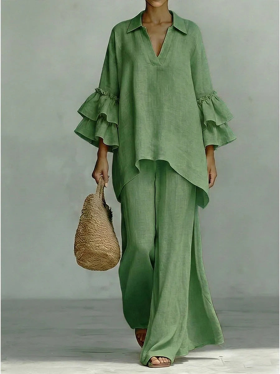 Sera Wide-Leg V-Neck Ruffled Tracksuit