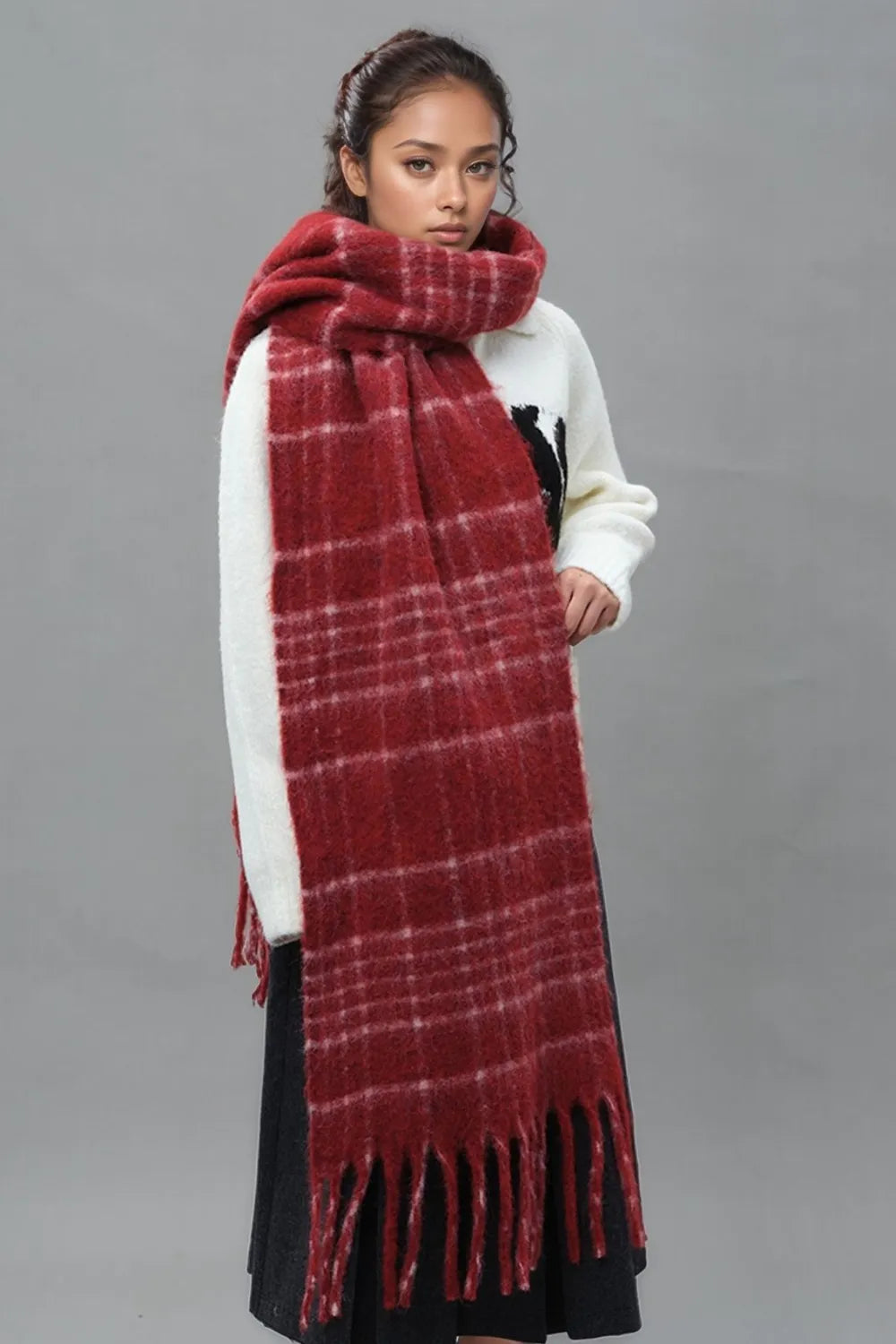 Ember Wool Plaid Fringe Scarf, view 4