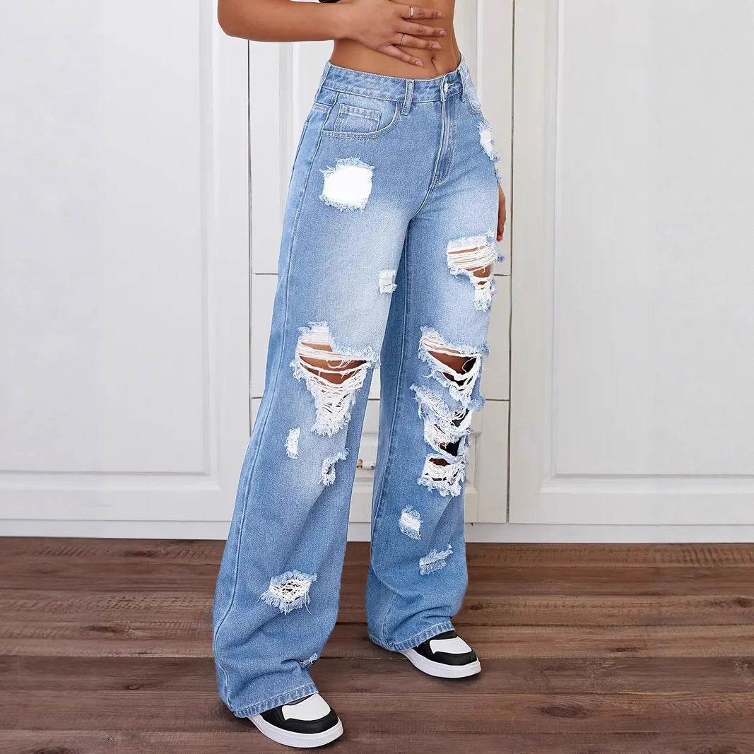 Indigo Ripped Washed Straight Jeans